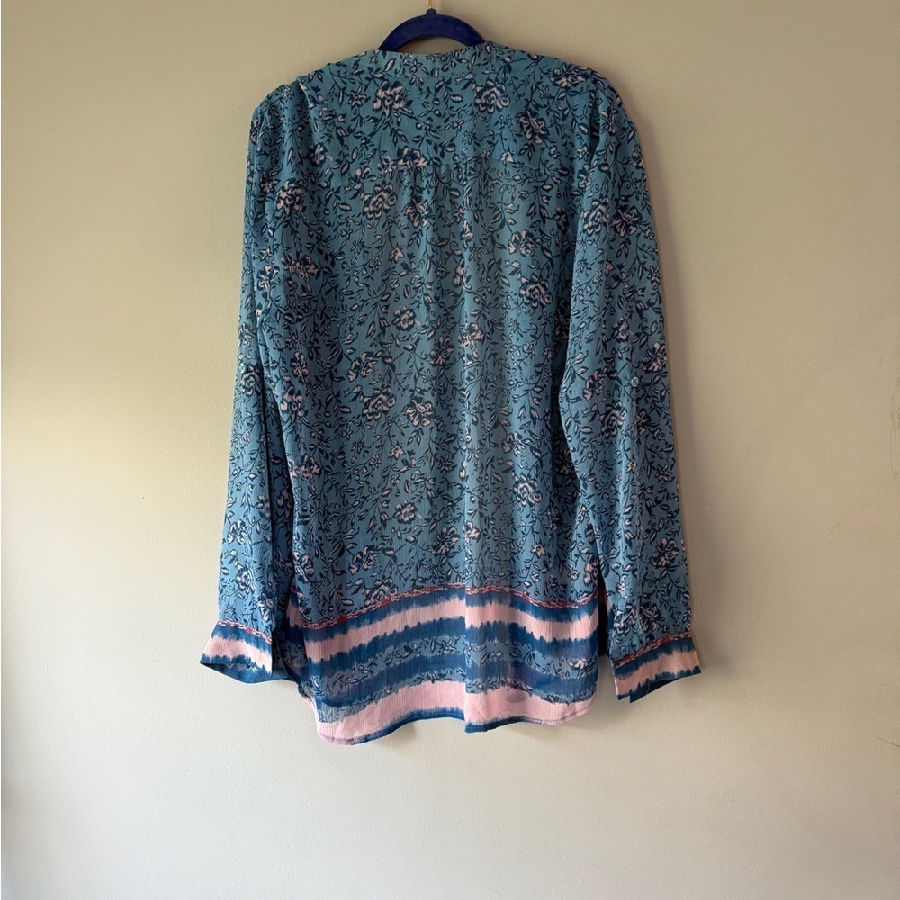 KUT from the Kloth‎ Blue Floral Button Front Roll Tab Sleeve Blouse Top Size L - Picture 7 of 7